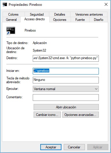 Acceso directo a Pineboo en windows-1